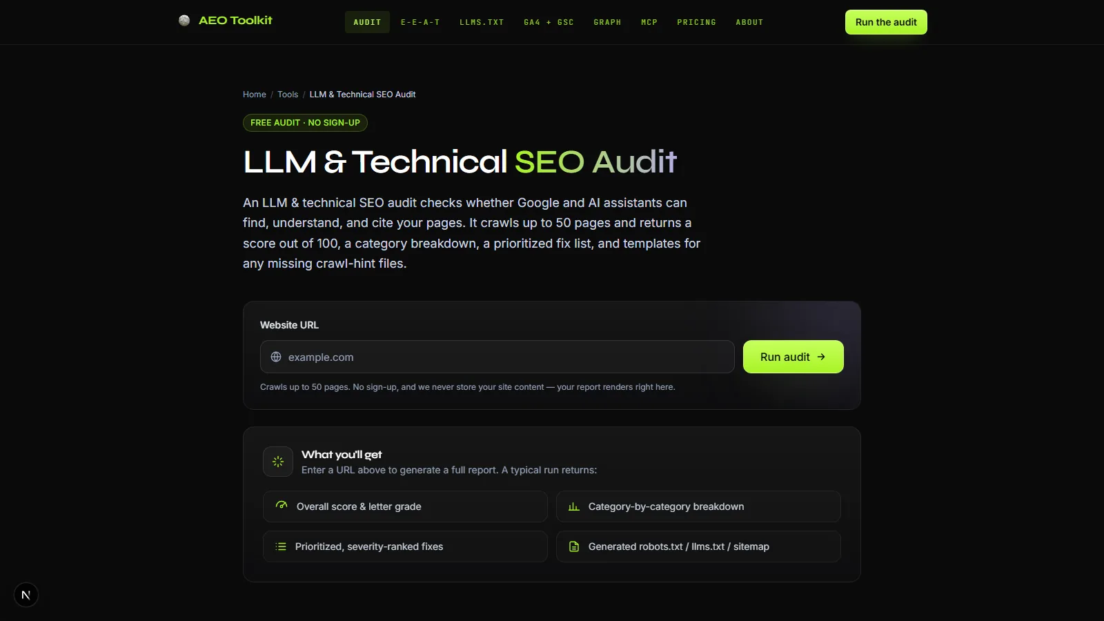 The AEO Toolkit console's audit tool: a URL field and the four things a run returns, being an overall score and letter grade, a category breakdown, prioritized severity-ranked fixes, and generated robots.txt, llms.txt and sitemap files.